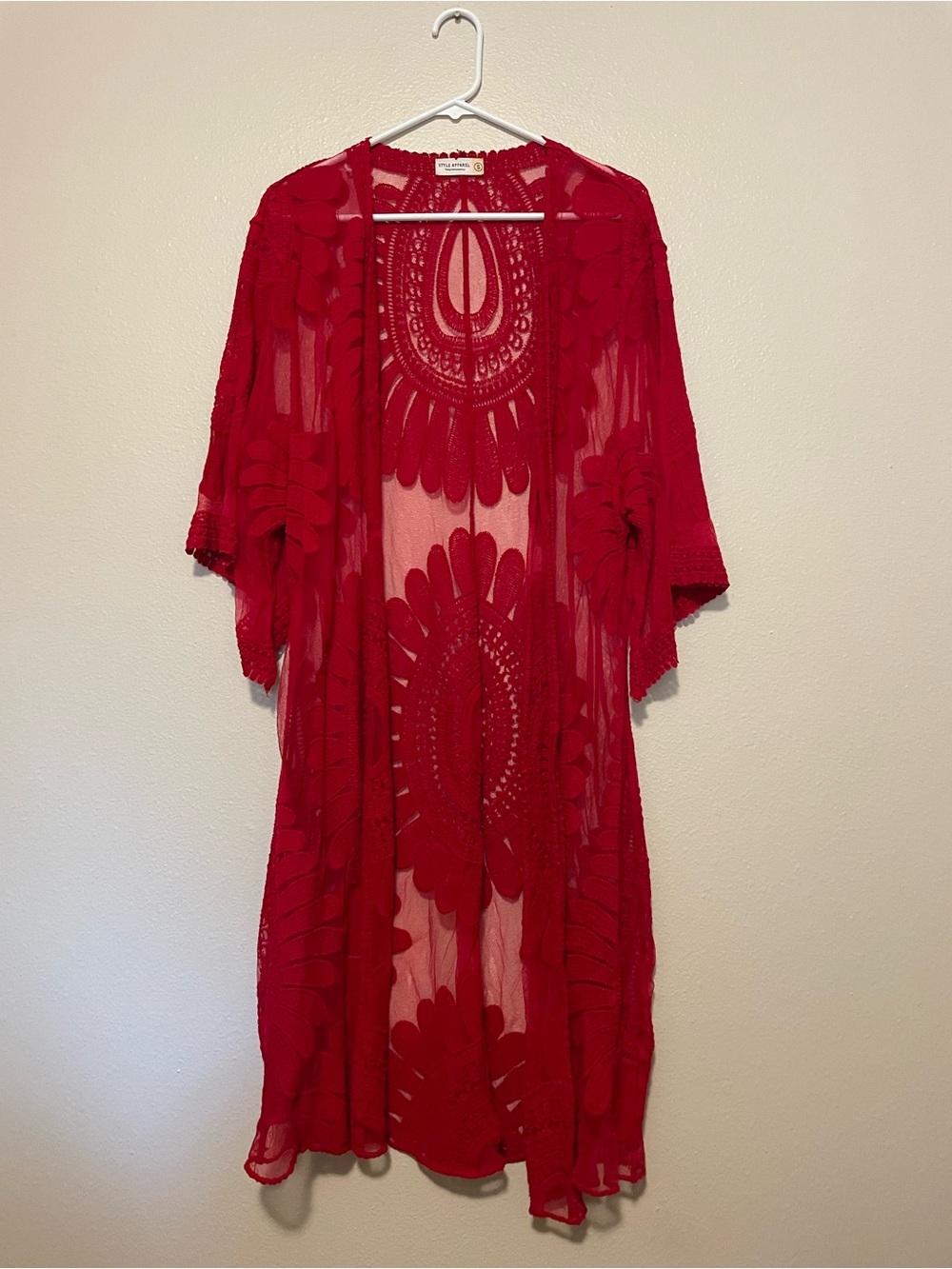 Sheer Red Crochet Duster Kimono - Women's Blouse